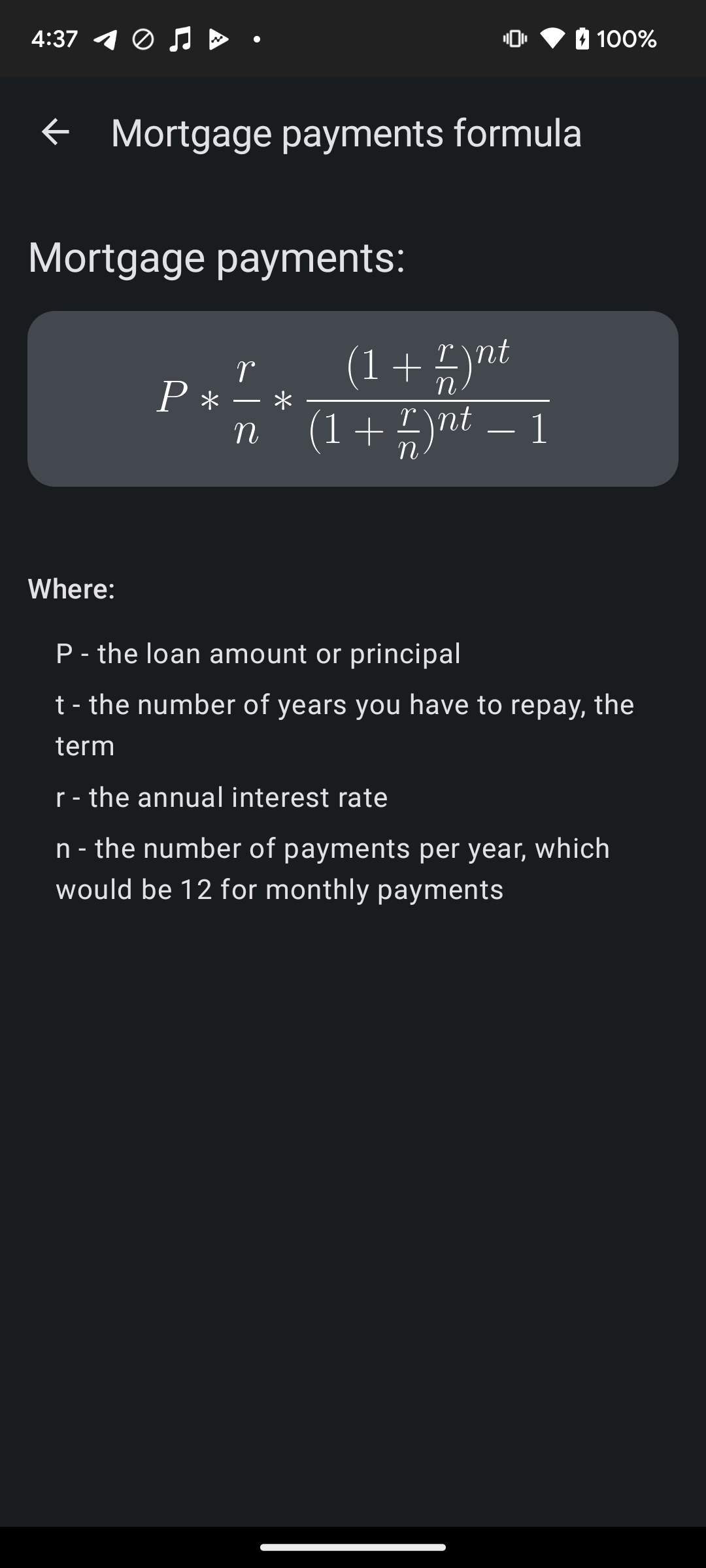 Mortgage calculations help screen