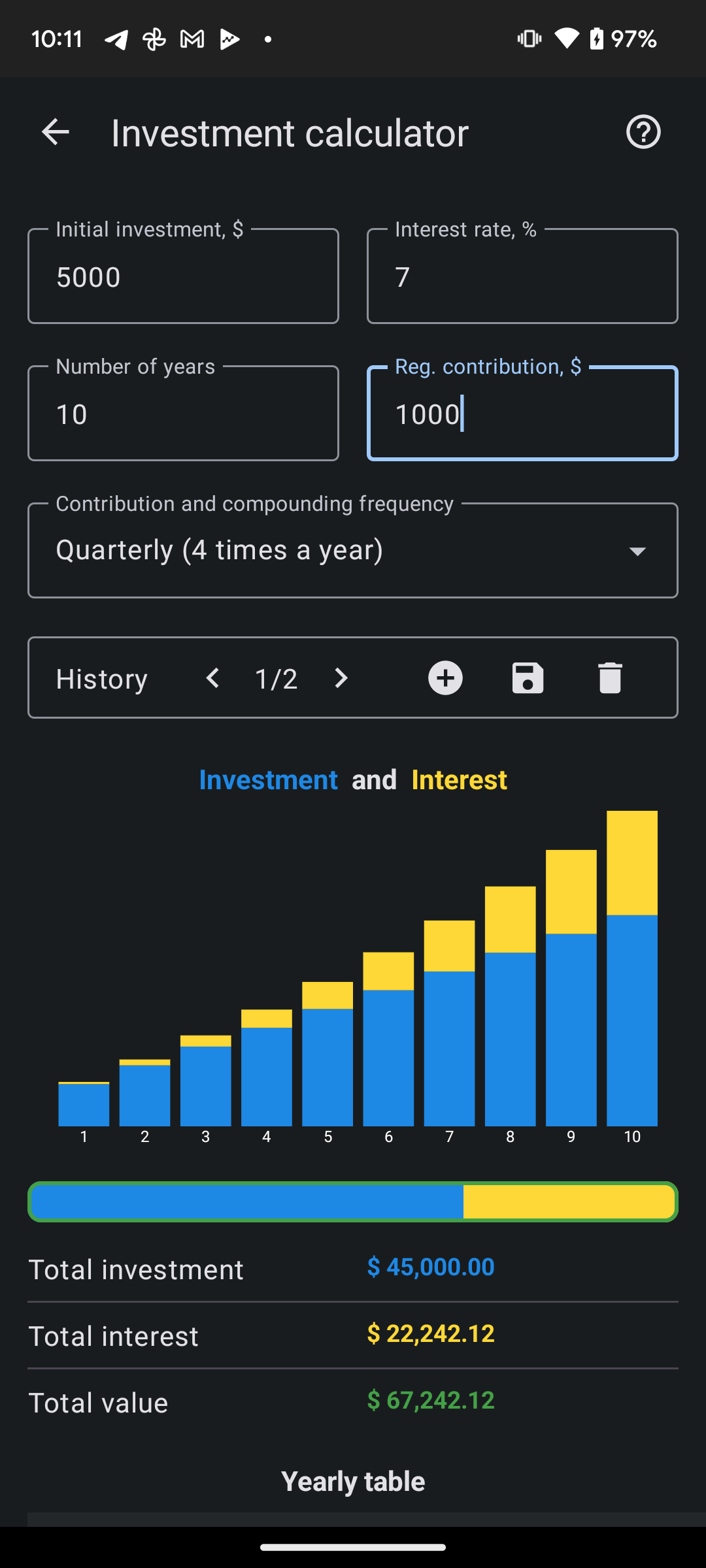 Investment calculator screen