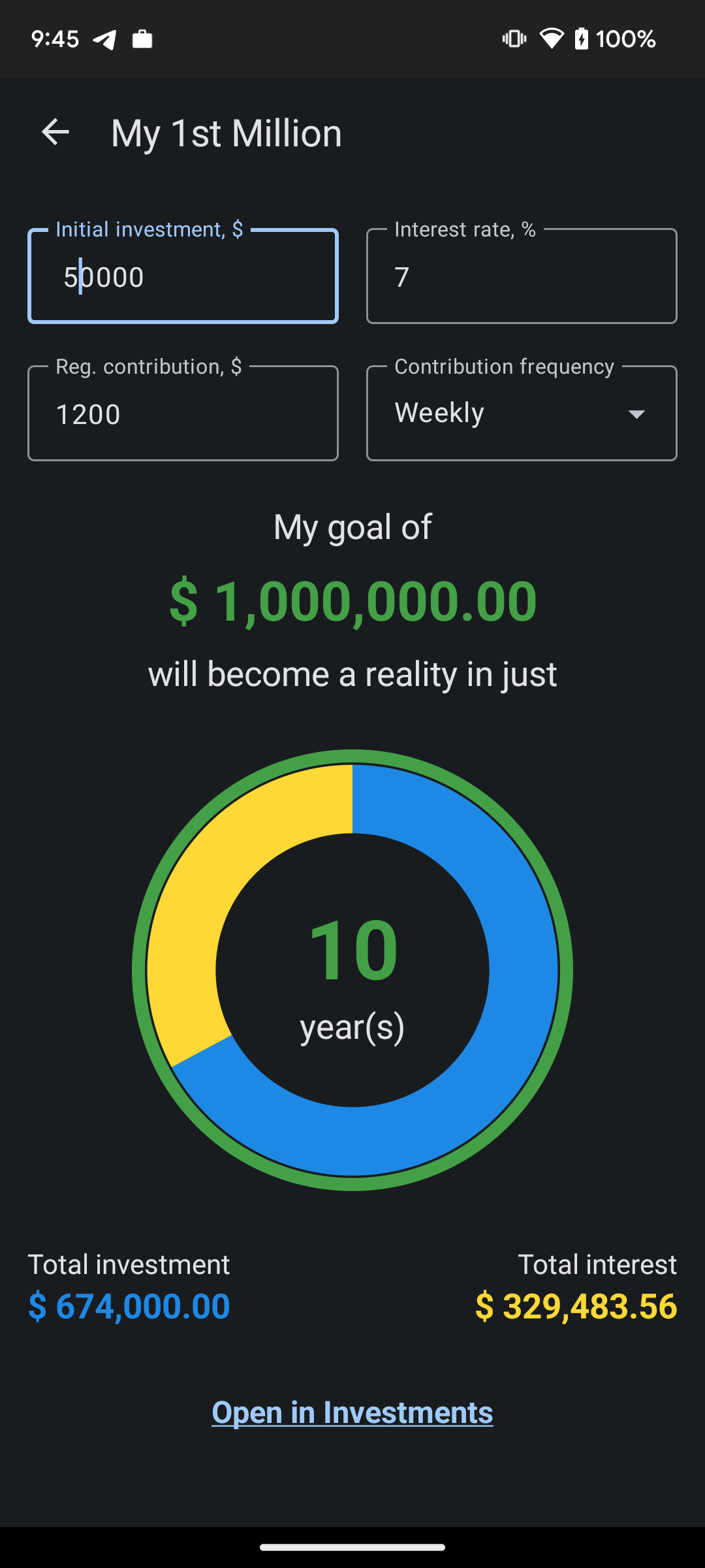 Goal calculations screen