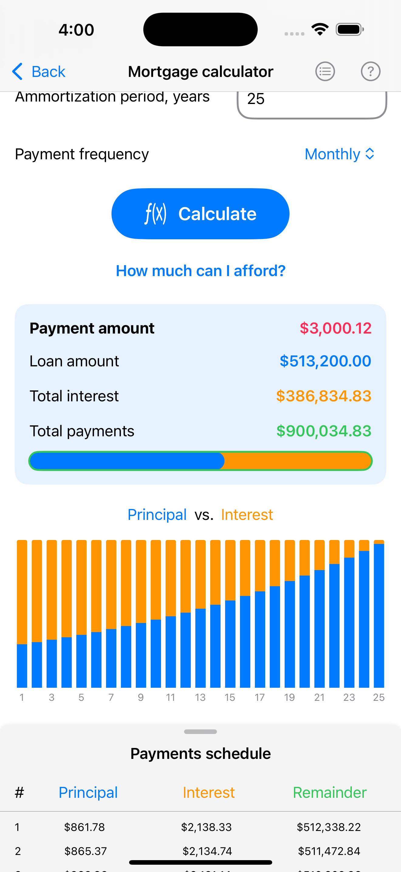Mortgage calculator screen