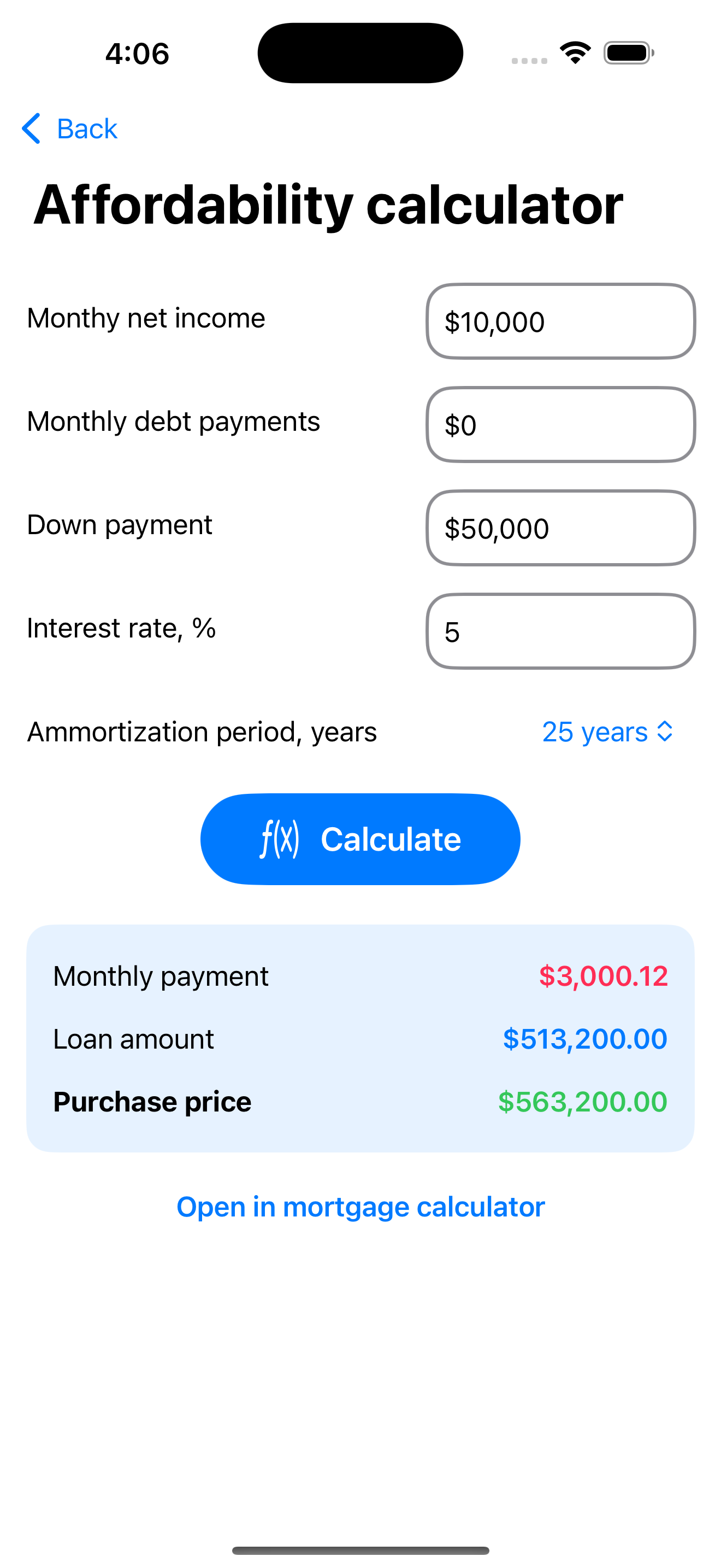 Affordability calculator screen