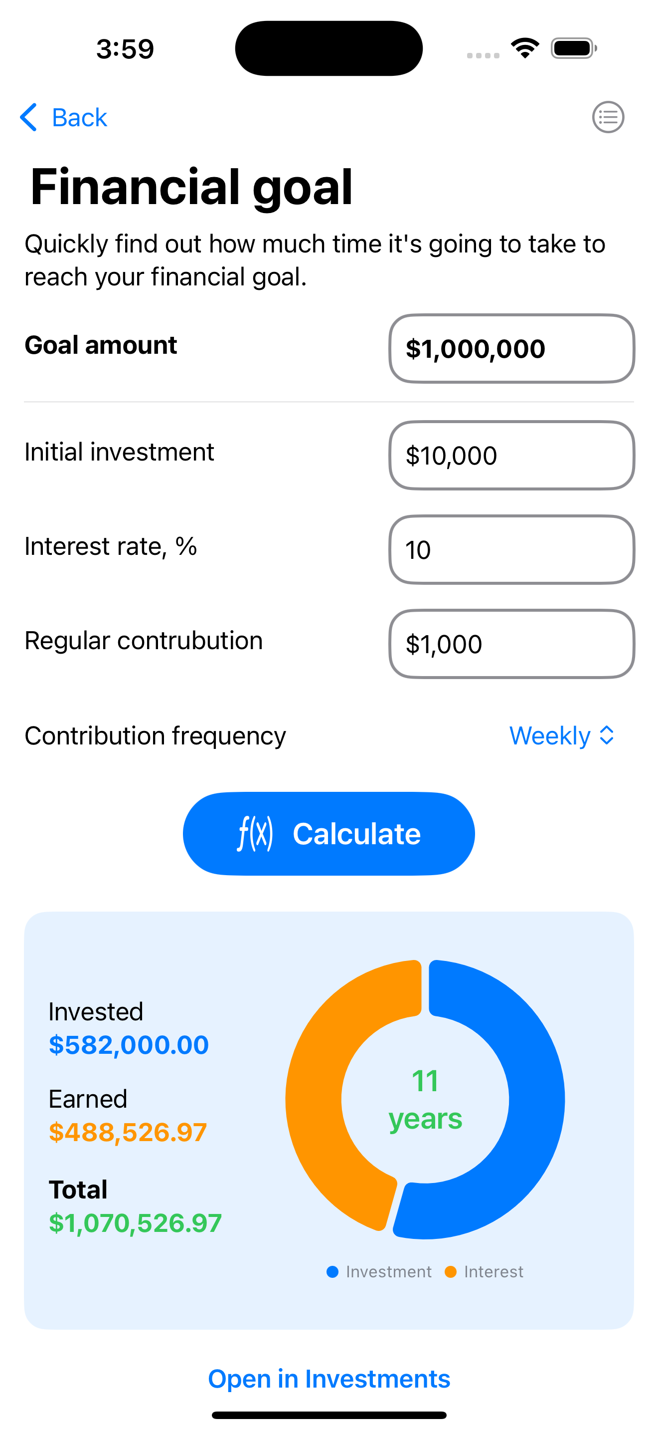 Financial goal screen