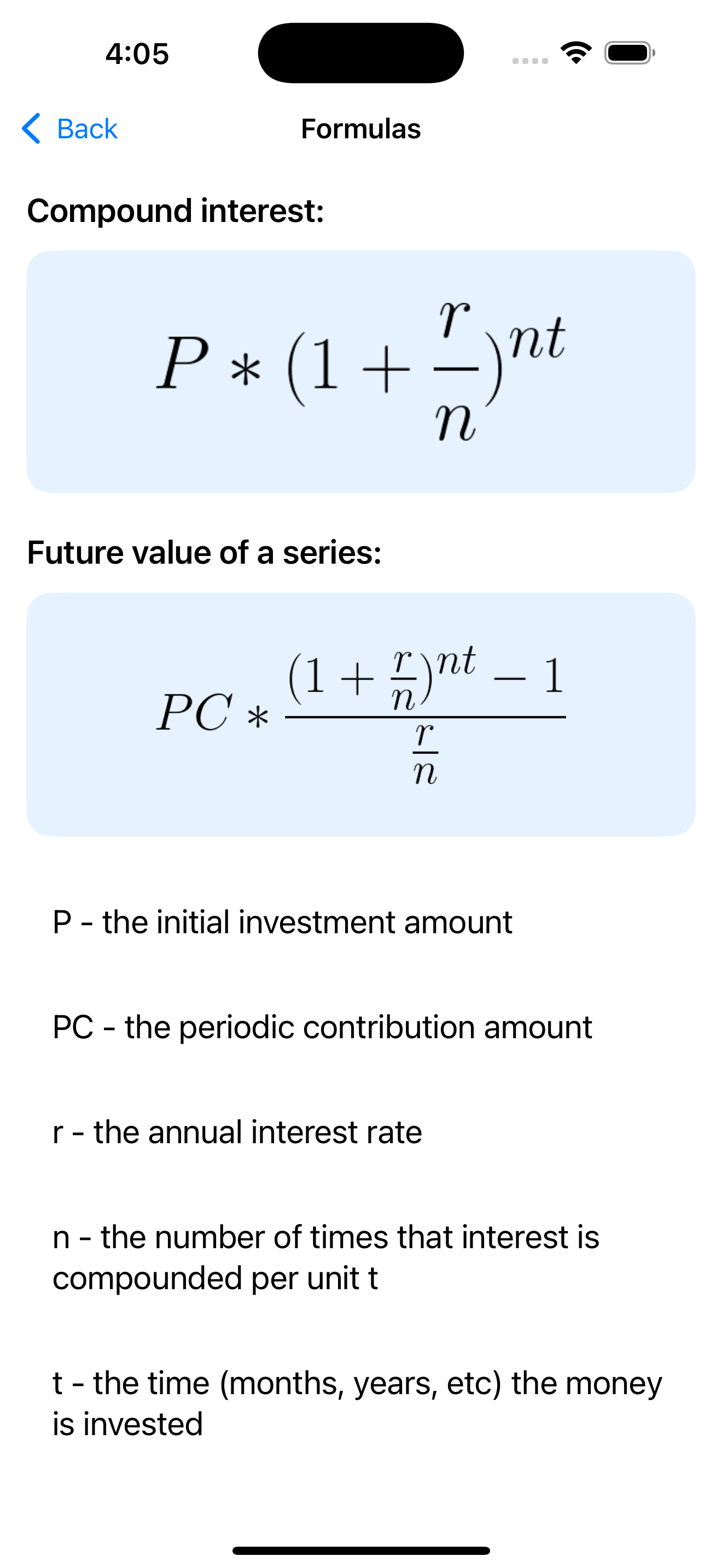 Investment calculations help screen