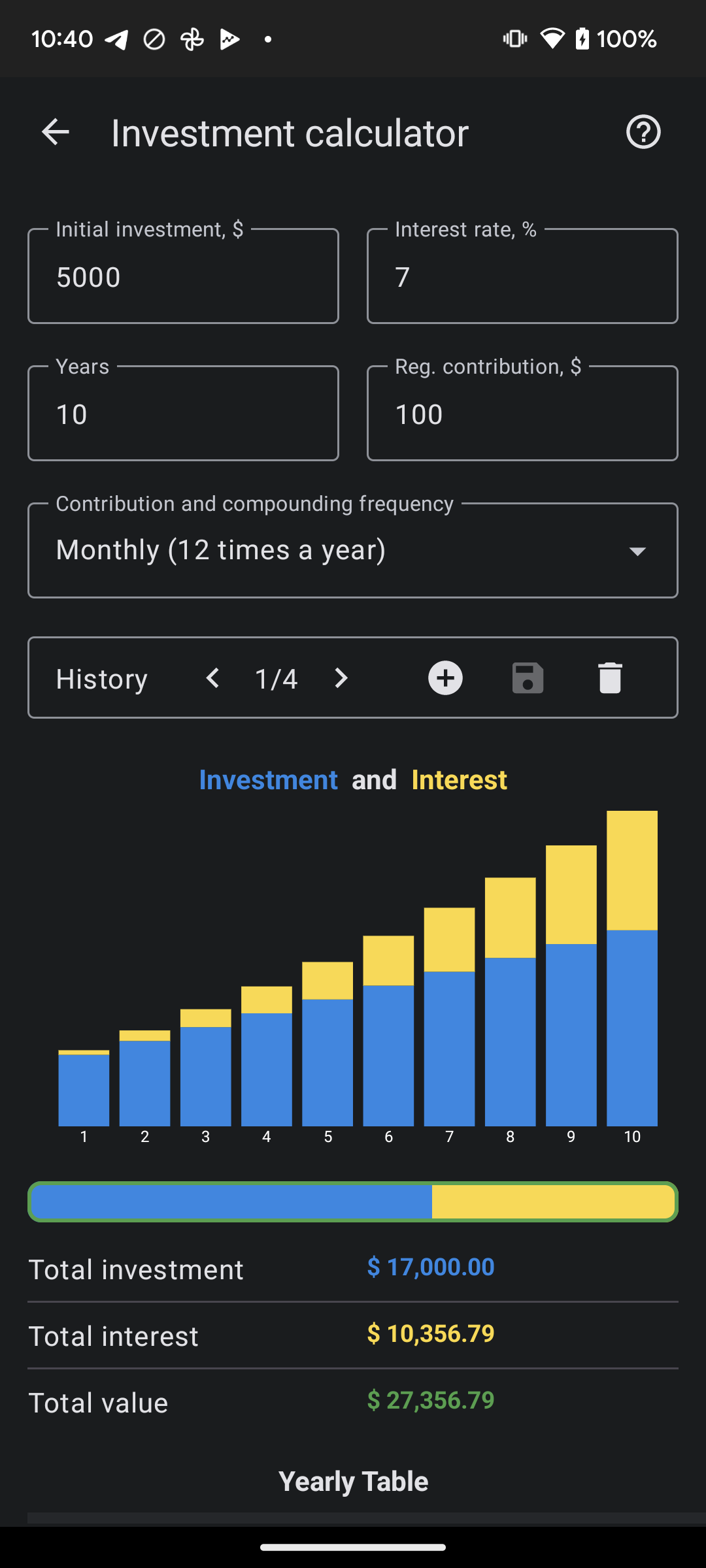 Investment calculations screen