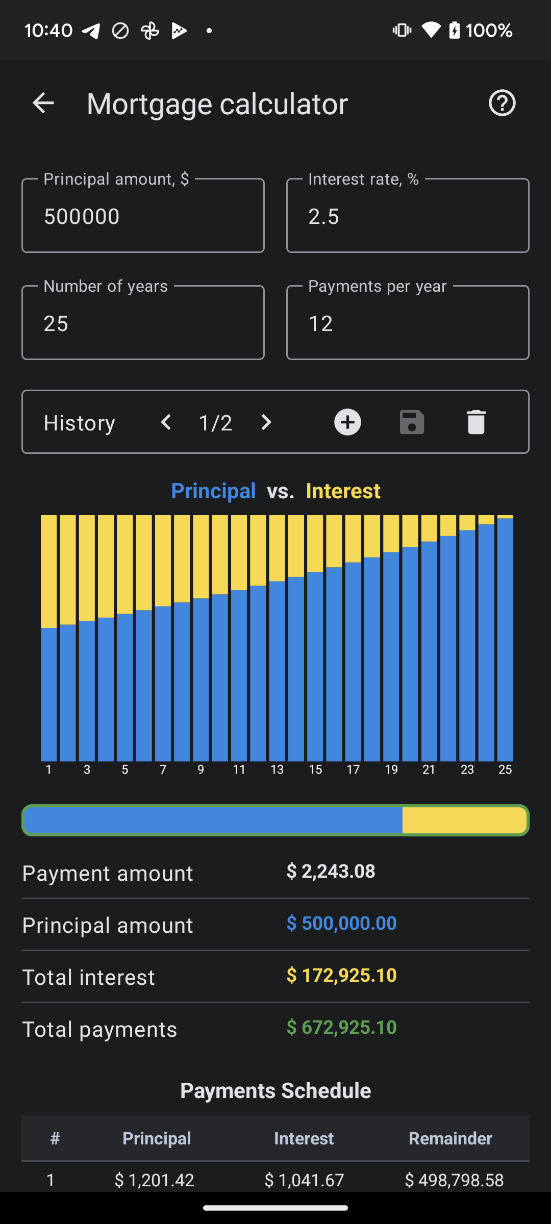 Mortgage payments calculation screen